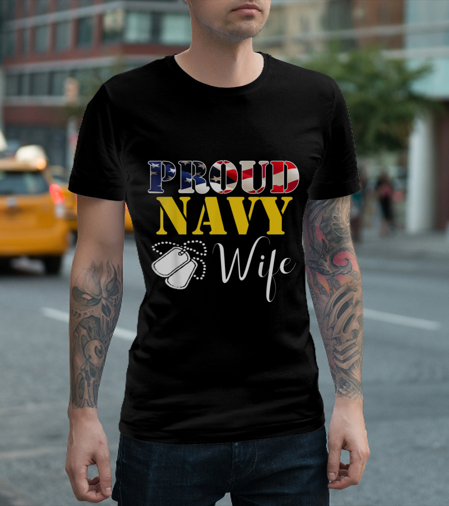 Proud Navy Wife American Flag Dog Tags T-Shirt