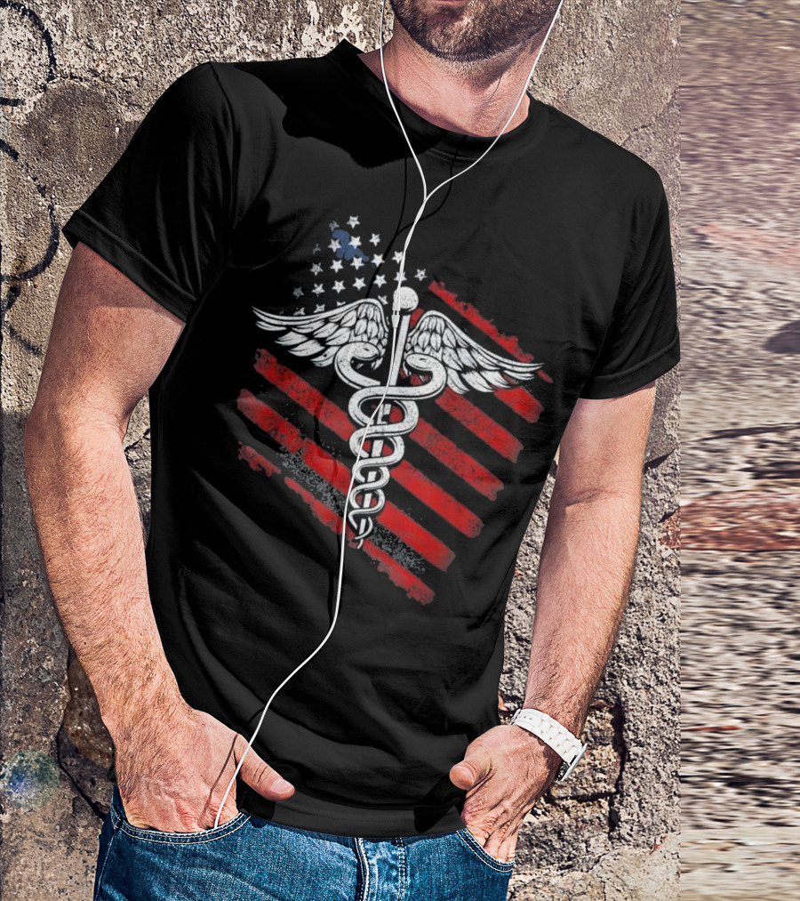 Caduceus American Flag Patriotic Nurse T-Shirt
