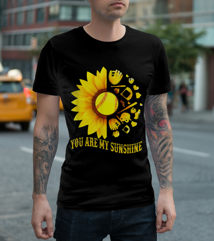 You Are My Sunshine Baseball Softball Fan Sunflower Glove Bat Heart Elements T-Shirt