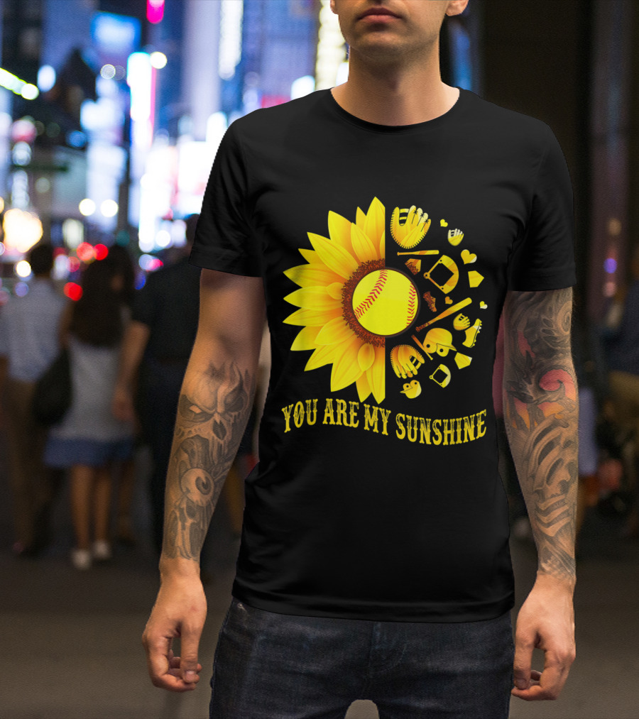 You Are My Sunshine Baseball Softball Fan Sunflower Glove Bat Heart Elements T-Shirt