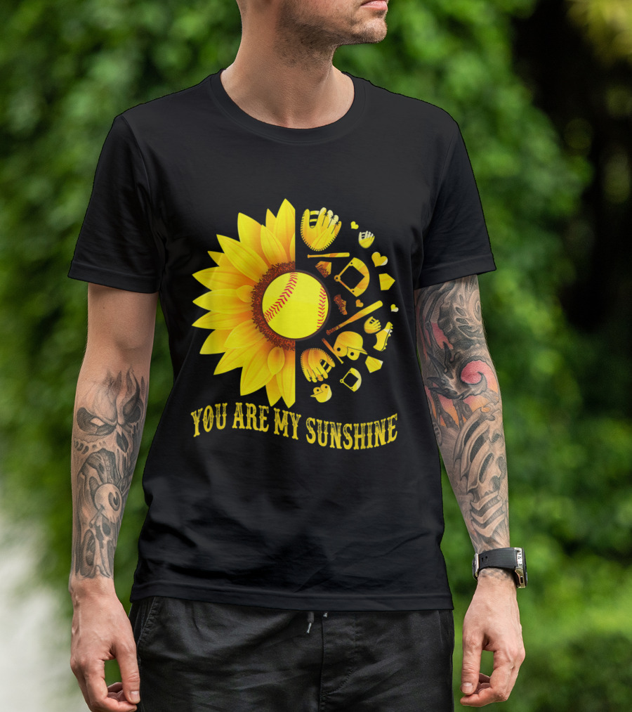 You Are My Sunshine Baseball Softball Fan Sunflower Glove Bat Heart Elements T-Shirt