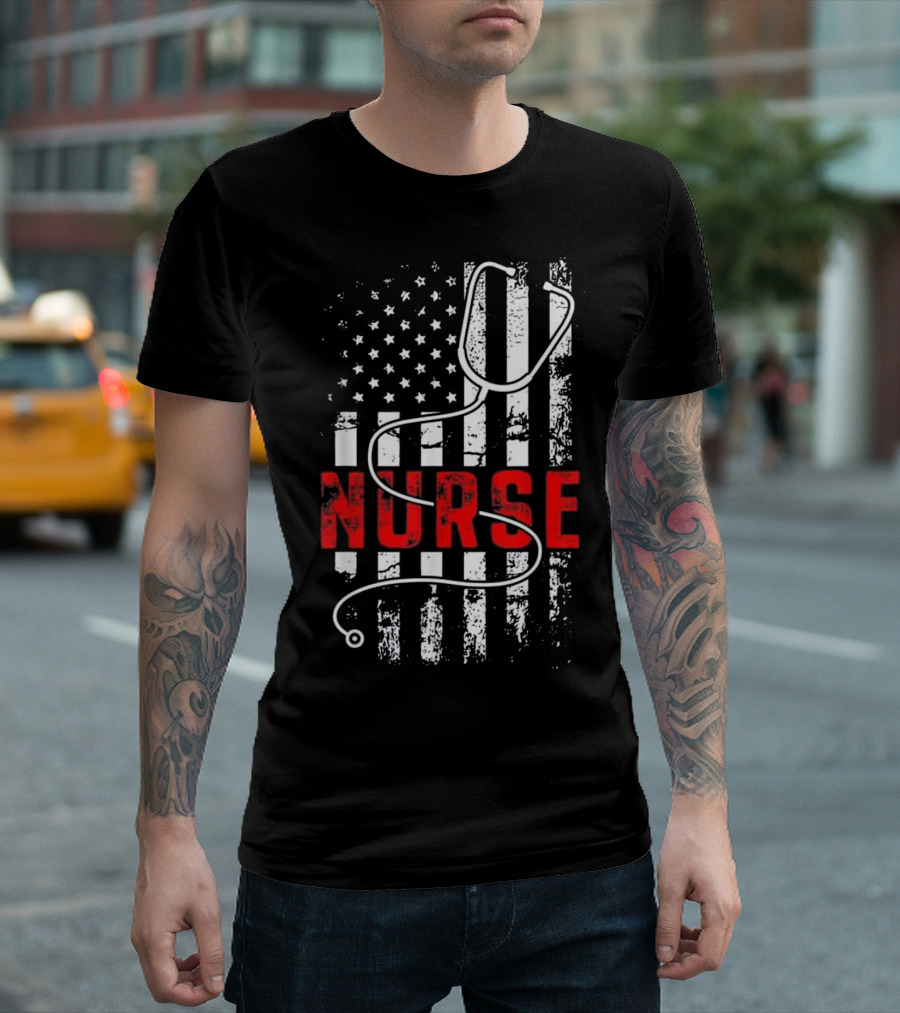Patriotic Nurse USA Flag With Stethoscope T-Shirt
