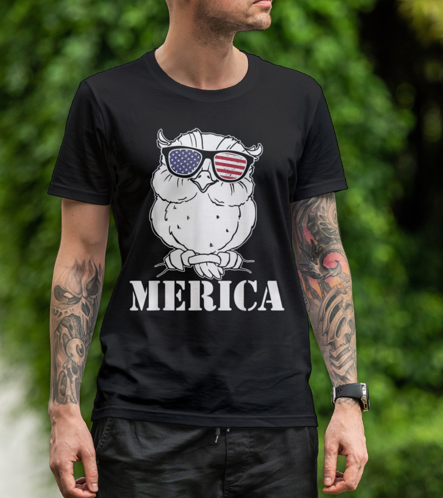 Patriotic Merica Owl With American Flag Sunglasses 4th Of July T-Shirt