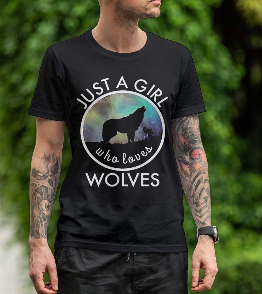Just A Girl Who Loves Wolves Galaxy Aurora Howl T-Shirt