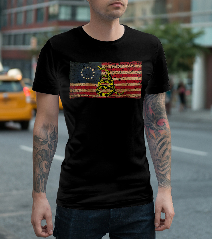 Revolutionary Era American Flag With Gadsden Snake Symbol - Patriotic Politically Incorrect Betsy Ro T-Shirt