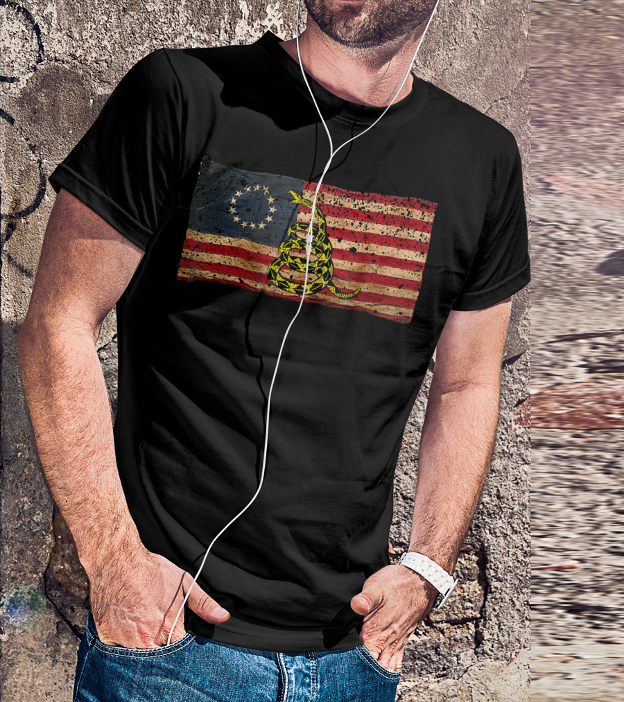 Revolutionary Era American Flag With Gadsden Snake Symbol - Patriotic Politically Incorrect Betsy Ro T-Shirt