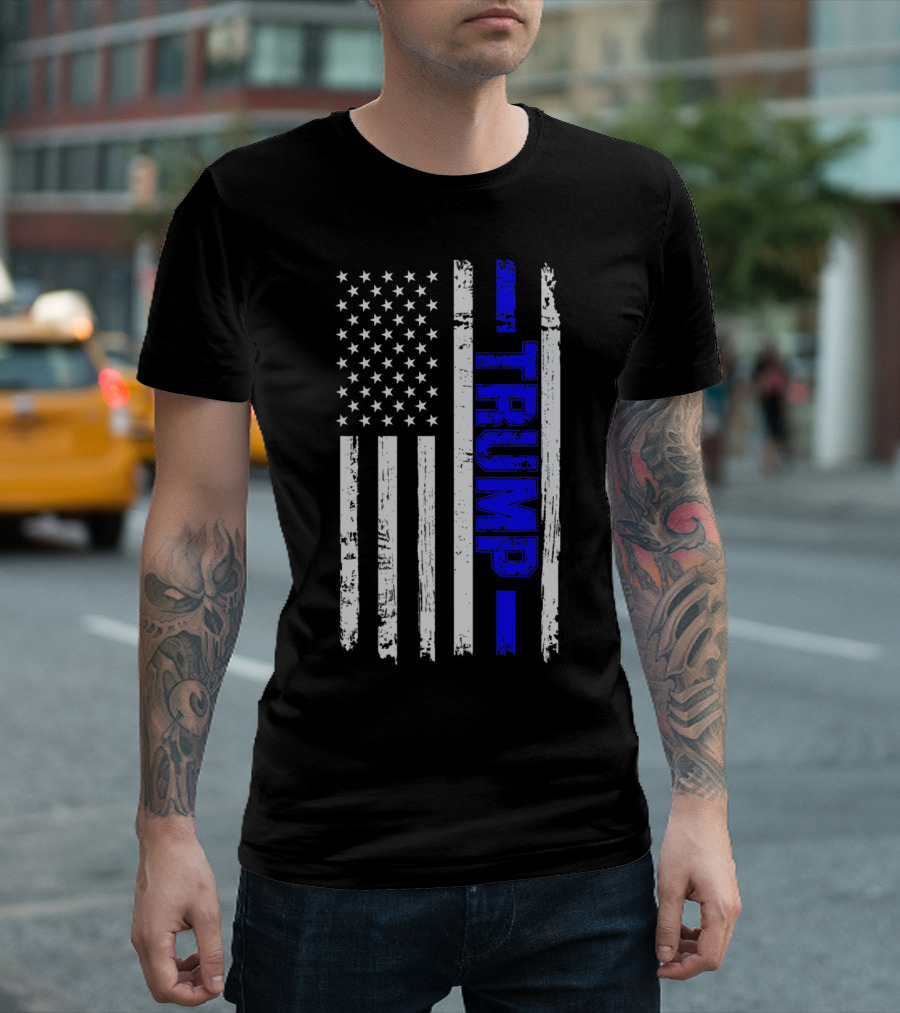 Thin Blue Line Trump American Flag Police T-Shirt