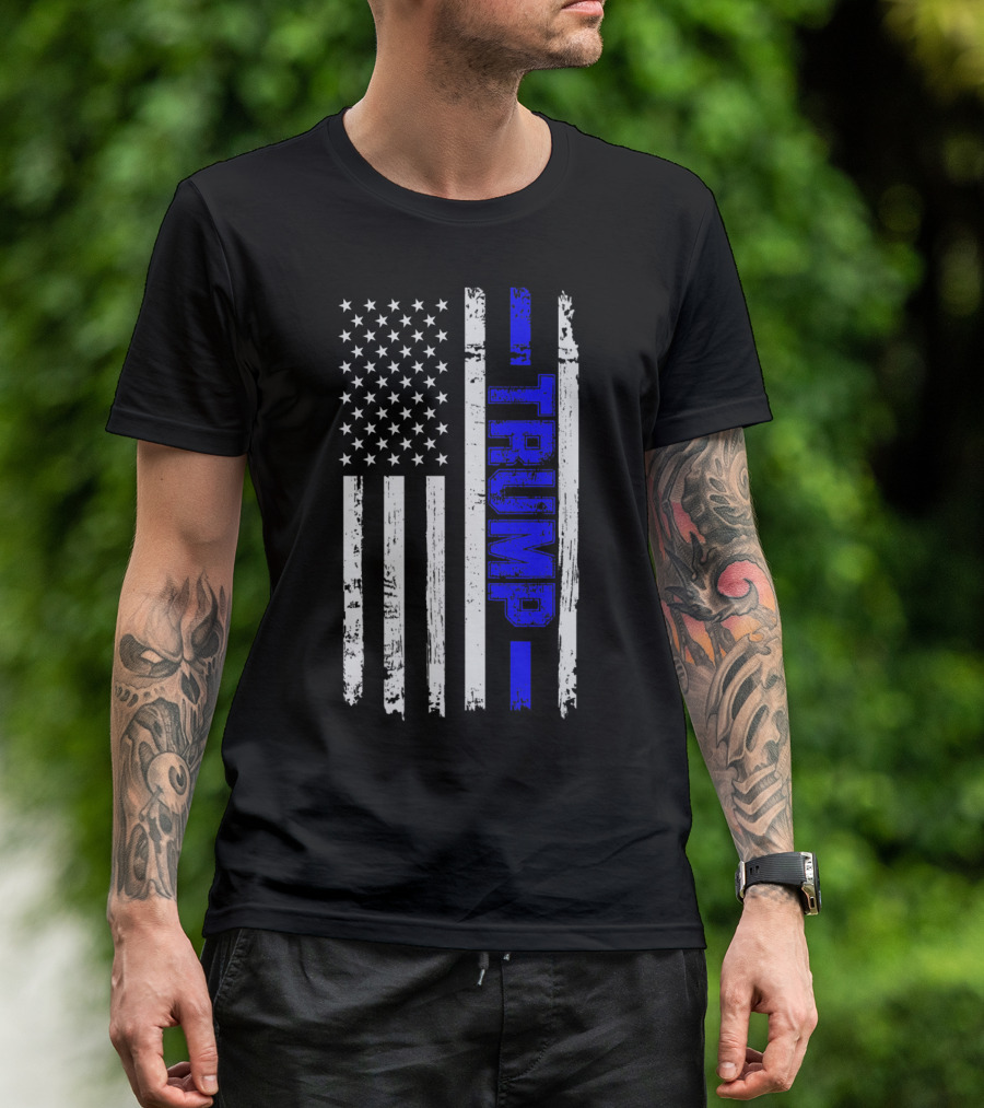 Thin Blue Line Trump American Flag Police T-Shirt