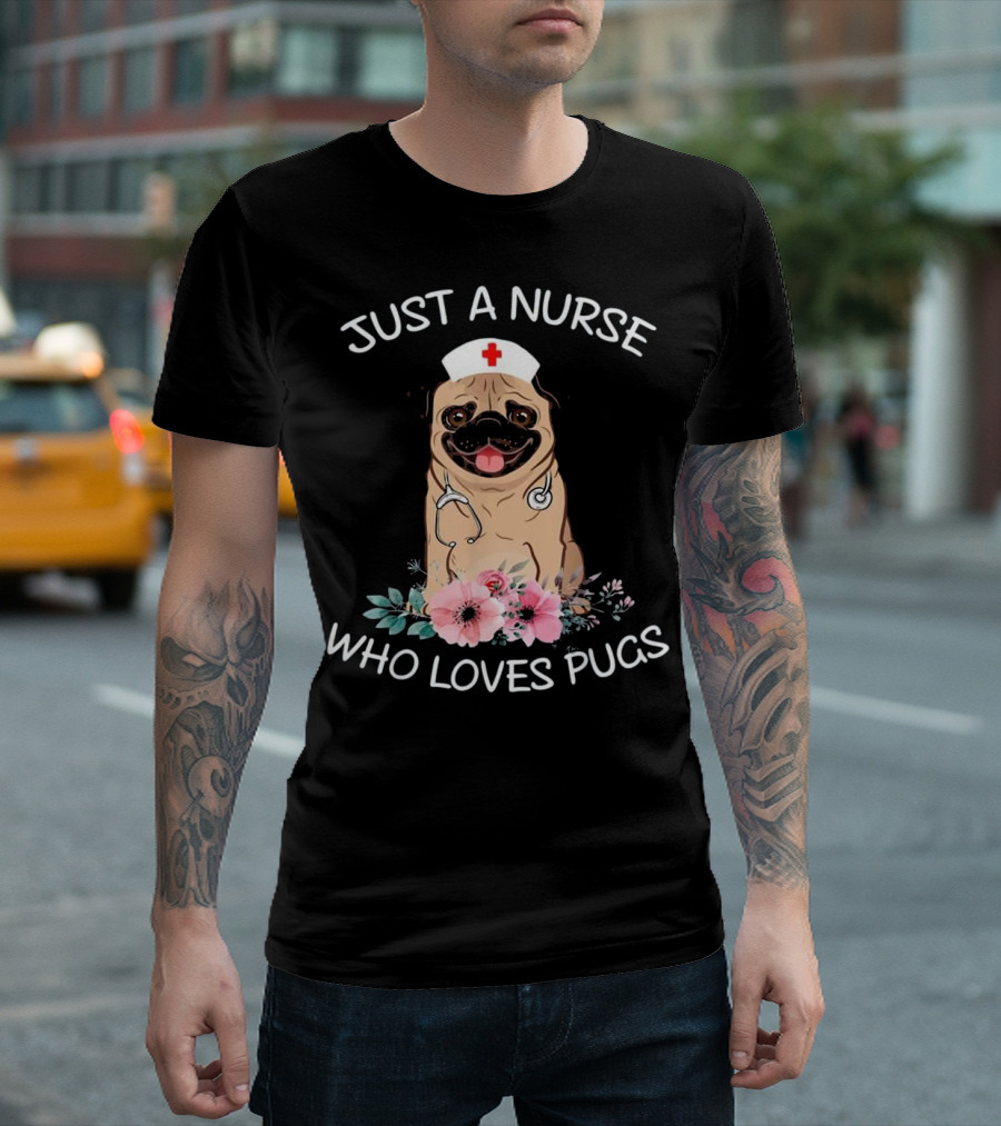 Nurse Love For Pugs With Floral Accents T-Shirt