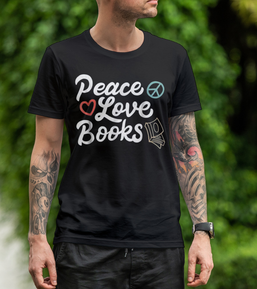 Peace Love Books Geeky Cute Reading Peace Sign Heart Stack T-Shirt