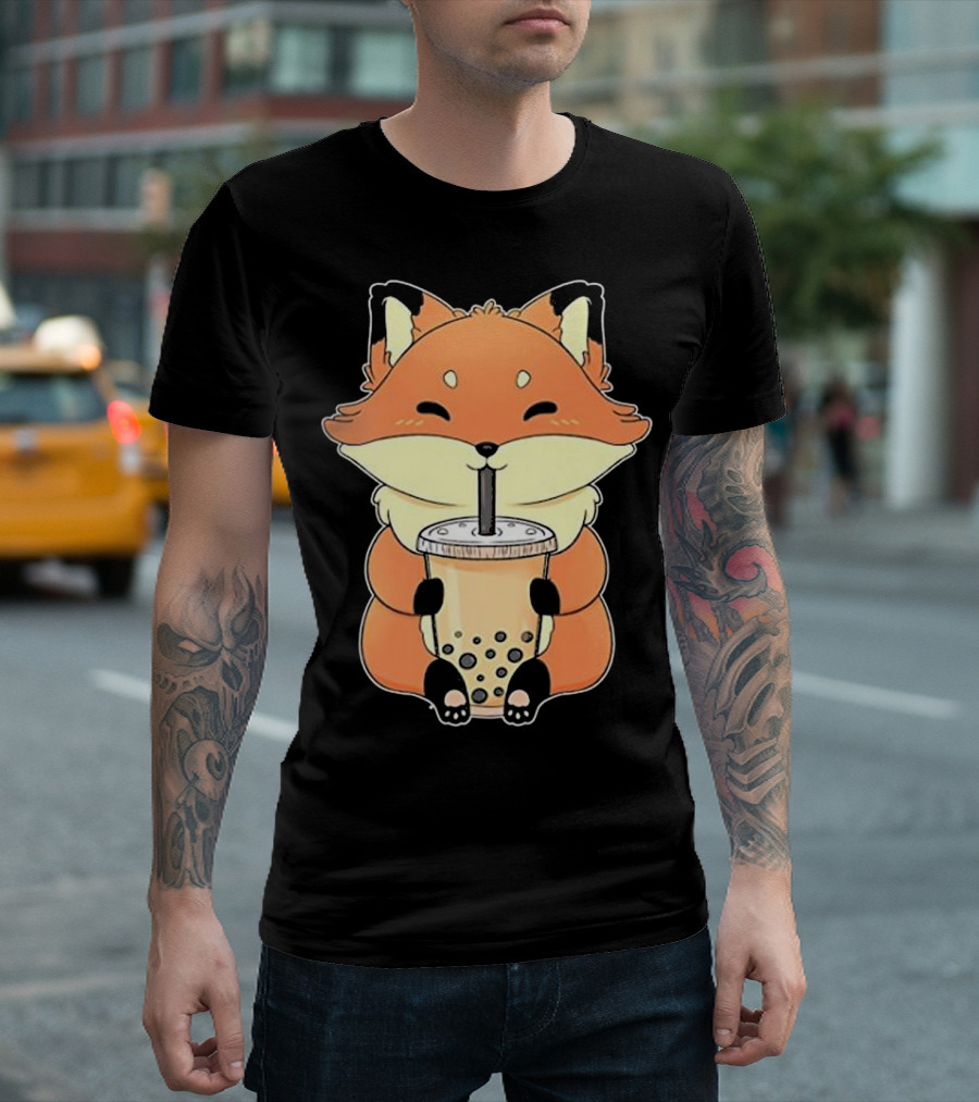 I Love Bubble Milk Tea Fox with Boba Drink T-Shirt