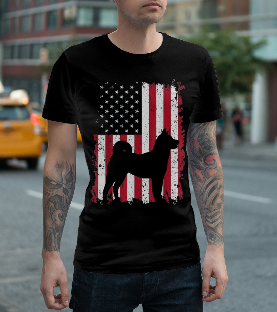 Akita Silhouette On American Flag Patriotic 4th Of July USA T-Shirt