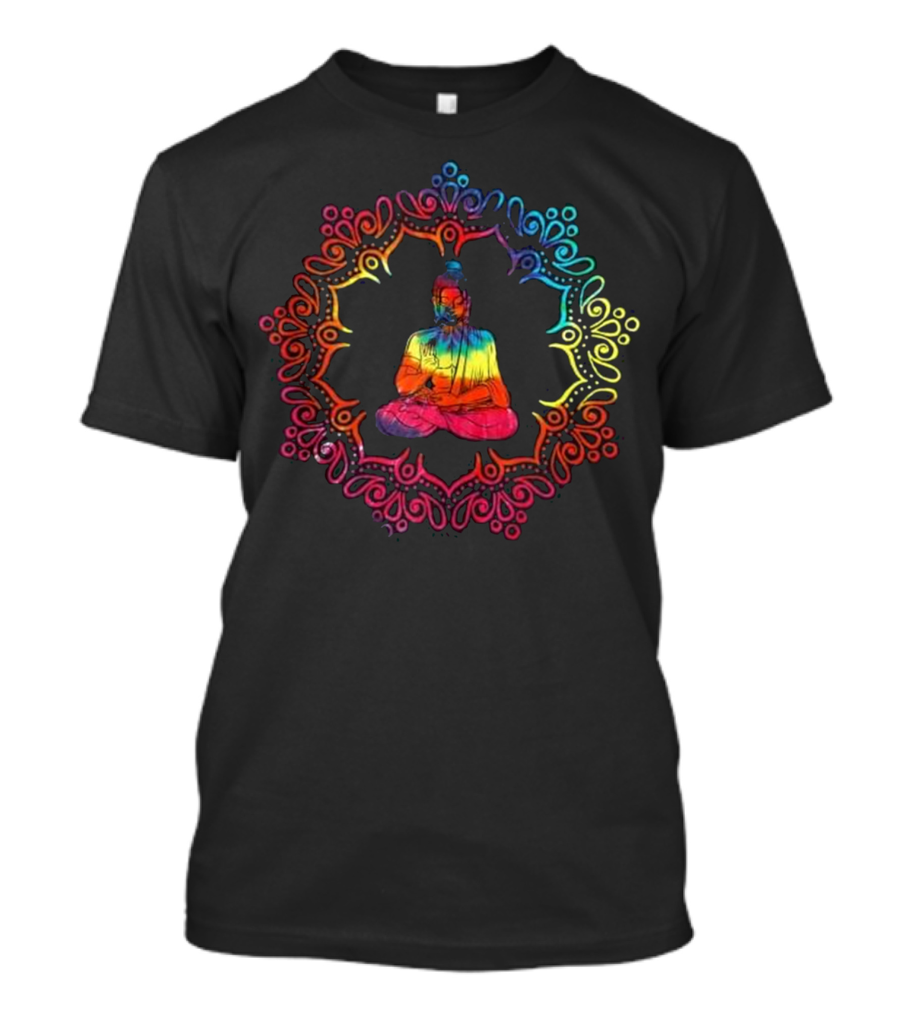 Meditating Buddha In Vibrant Rainbow Tie Dye Mandala T-Shirt