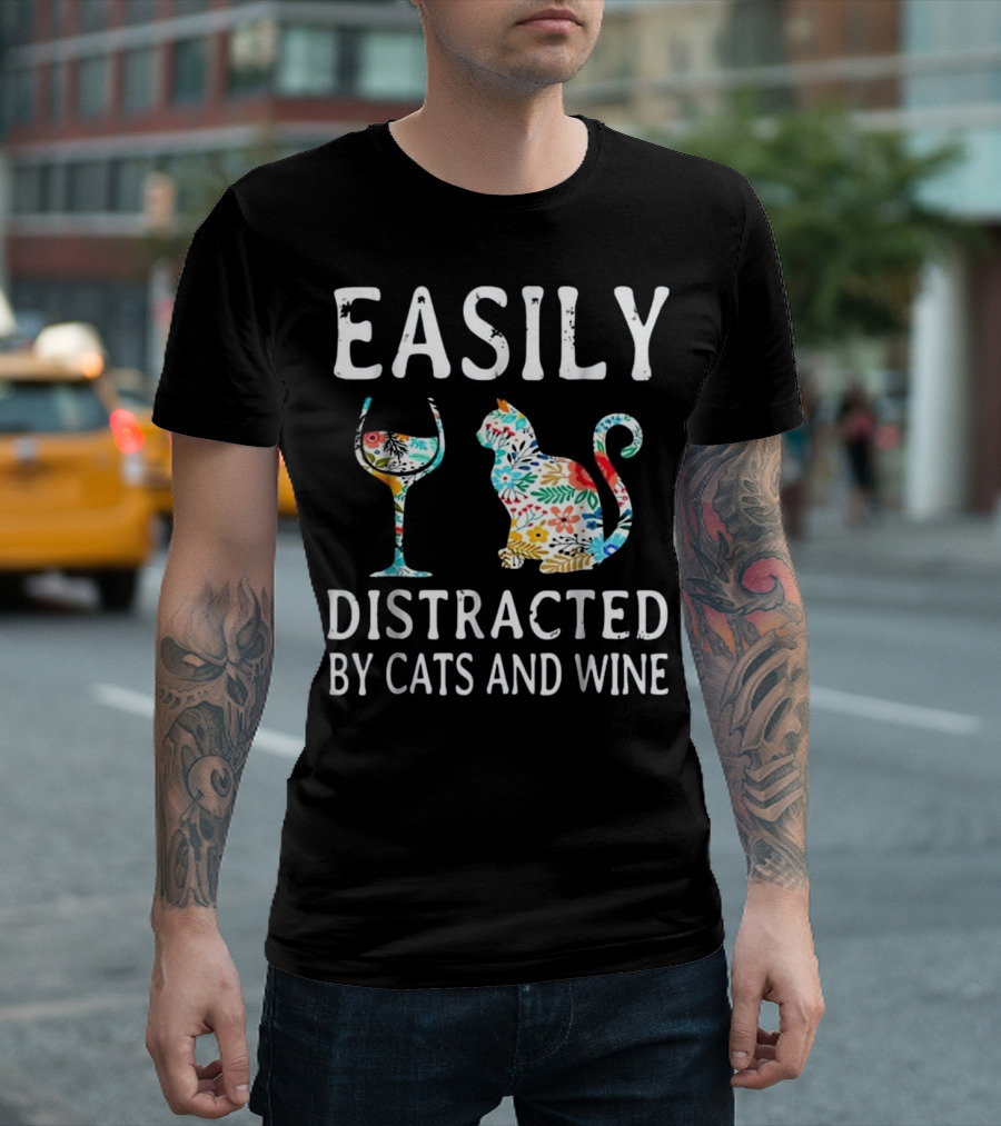 Easily Distracted by Cats and Wine Funny Cat Colorful Floral Glass T-Shirt