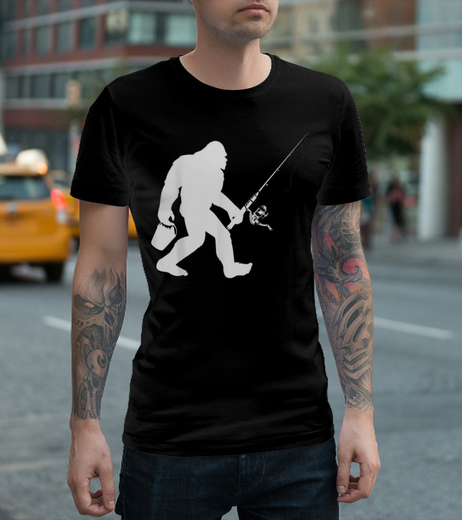 Bigfoot Sasquatch Fishing Silhouette Carrying Rod And Bucket T-Shirt