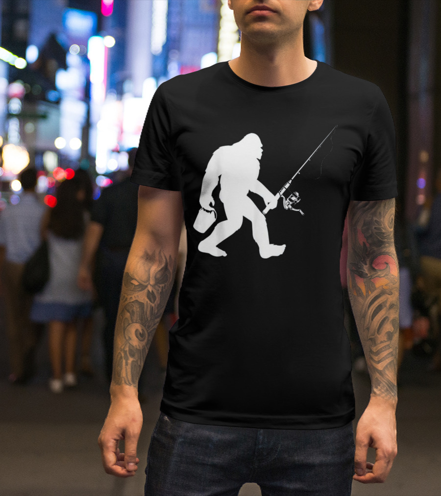 Bigfoot Sasquatch Fishing Silhouette Carrying Rod And Bucket T-Shirt