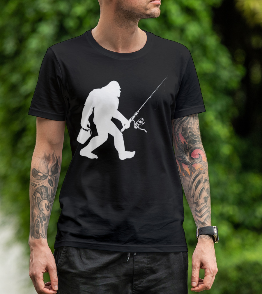 Bigfoot Sasquatch Fishing Silhouette Carrying Rod And Bucket T-Shirt