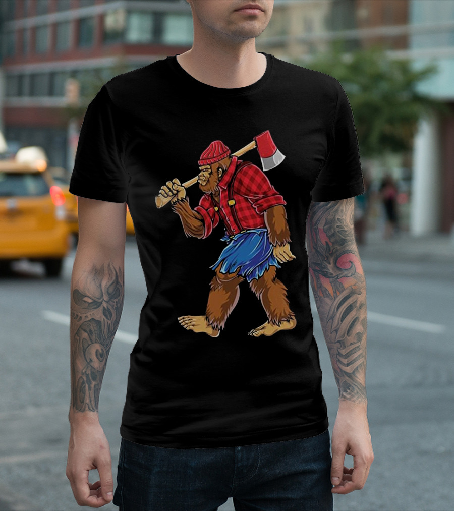Bigfoot Sasquatch in Lumberjack Plaid with Axe T-Shirt