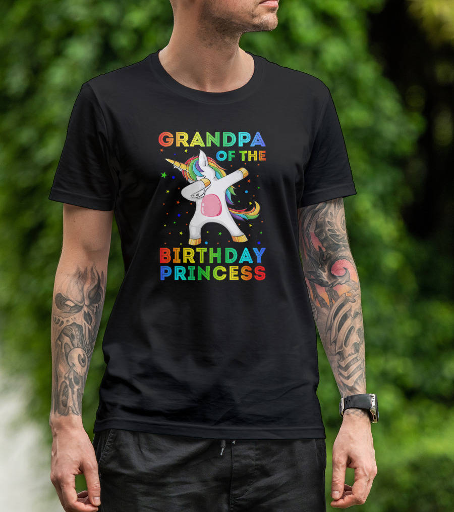 GRANDPA OF THE BIRTHDAY PRINCESS UNICORN DABBING WITH RAINBOW STARS T-Shirt