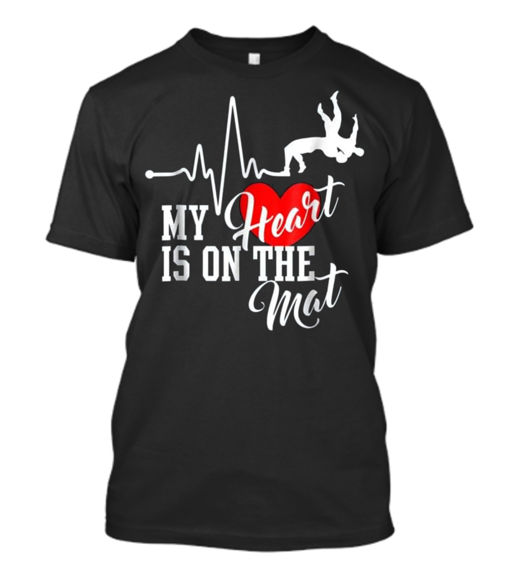My Heart Is On The Mat Wrestling Silhouette With Heartbeat And Red Heart T-Shirt