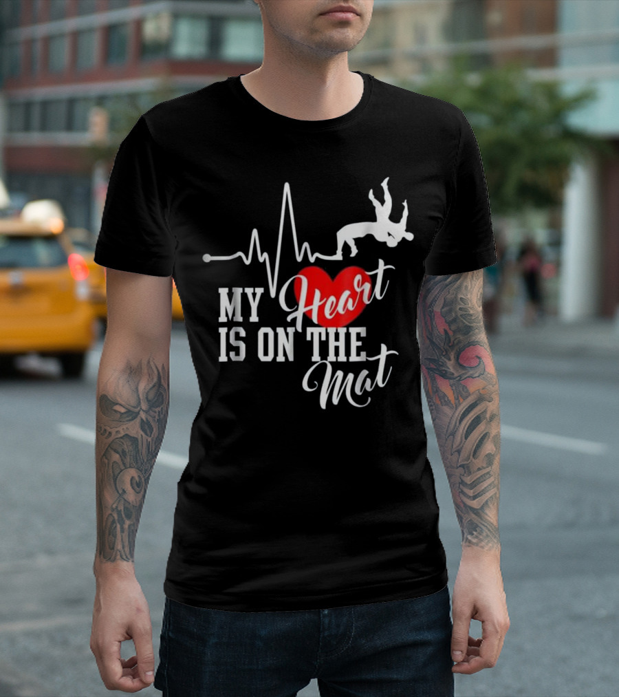 My Heart Is On The Mat Wrestling Silhouette With Heartbeat And Red Heart T-Shirt