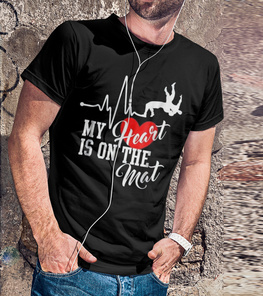 My Heart Is On The Mat Wrestling Silhouette With Heartbeat And Red Heart T-Shirt