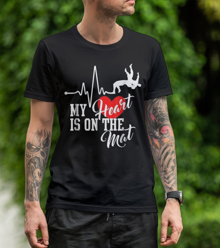 My Heart Is On The Mat Wrestling Silhouette With Heartbeat And Red Heart T-Shirt