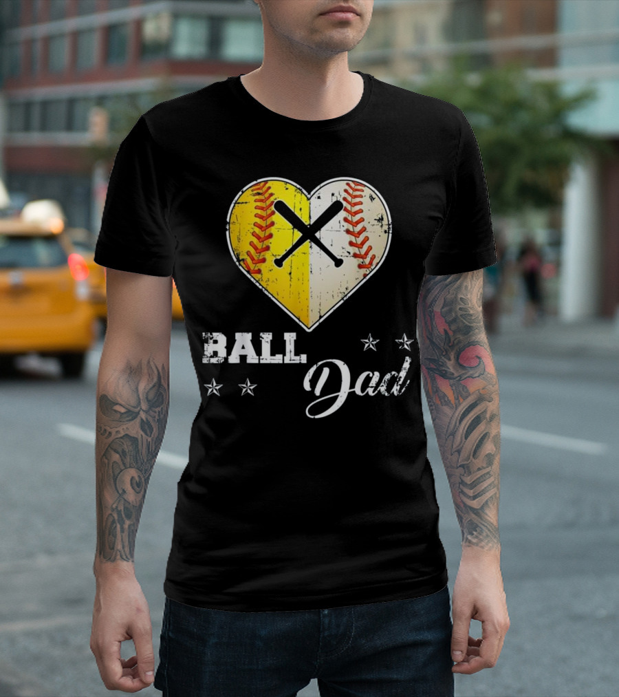 Ball Dad Heart Baseball Softball Crossed Bats T-Shirt