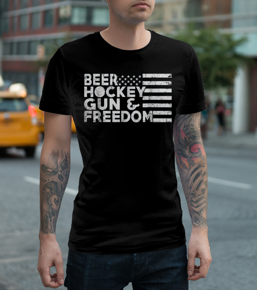 Beer Hockey Gun and Freedom American Flag T-Shirt