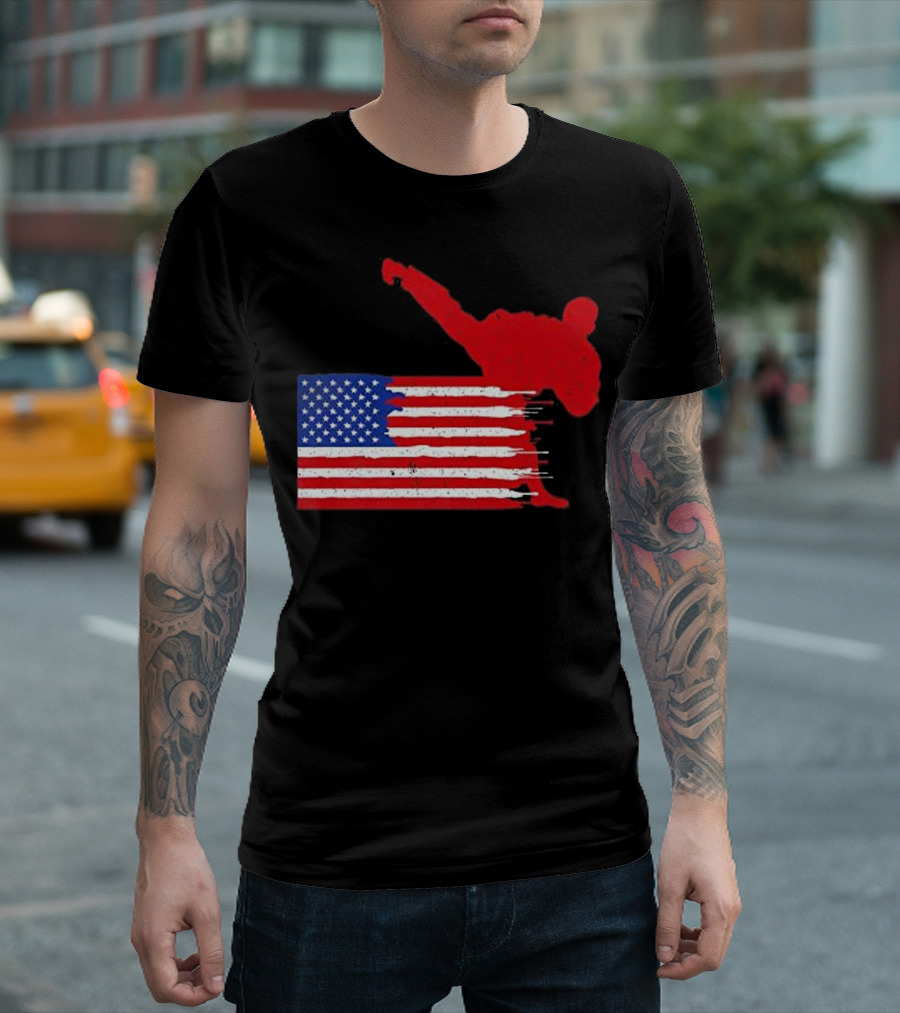 Karate Kick Over American Flag USA Martial Arts T-Shirt