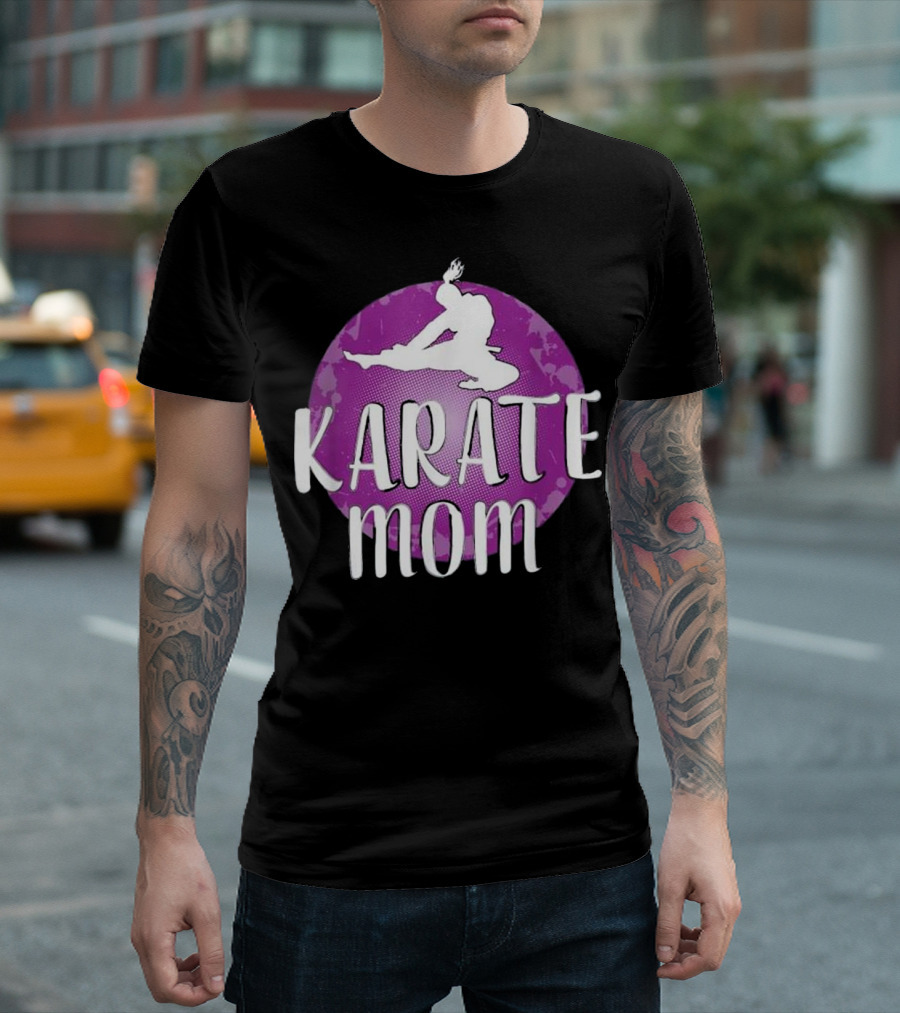 Karate Mom Martial Arts Kick Silhouette on Purple Circle Background T-Shirt