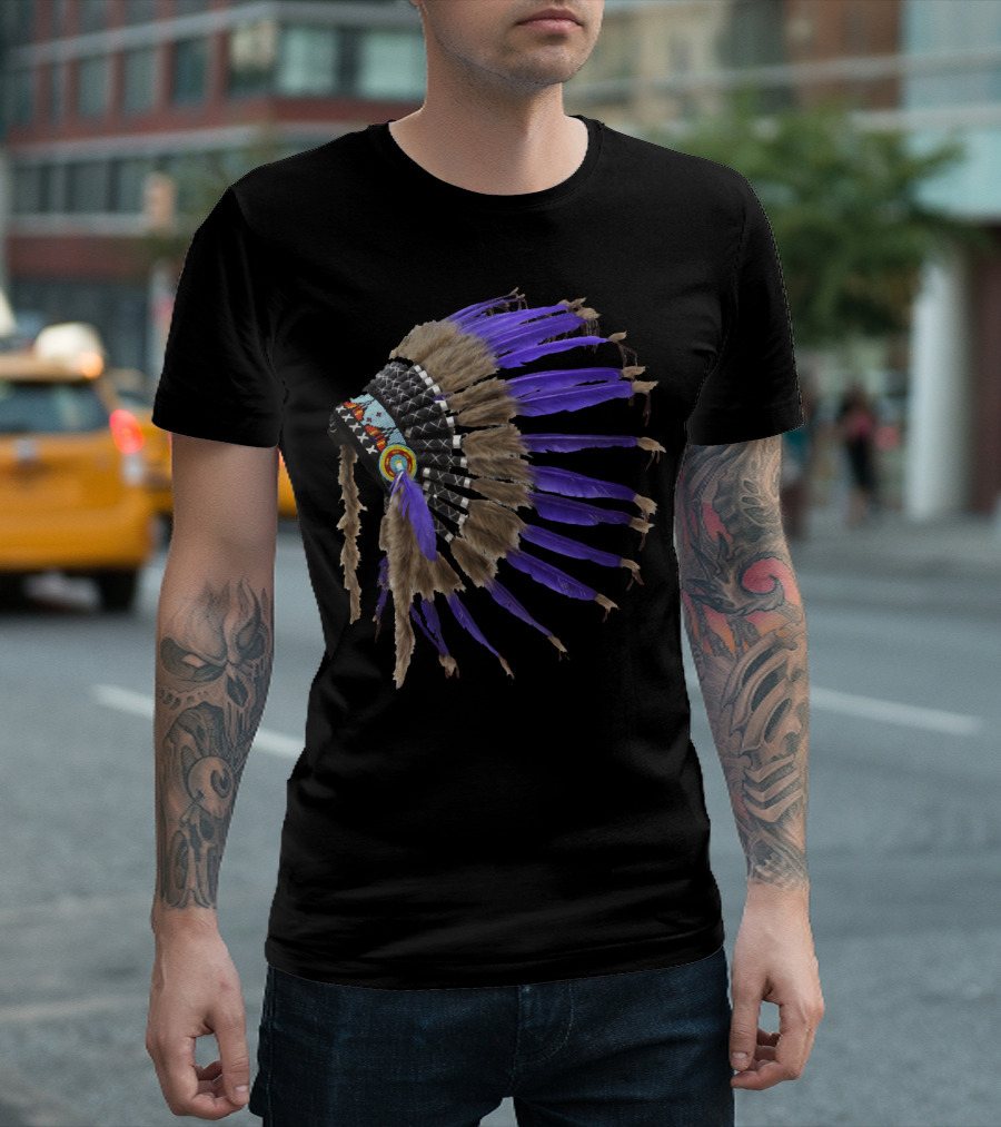 Rez Native American Buffalo Skulls Feather Headdress Purple Feathers T-Shirt