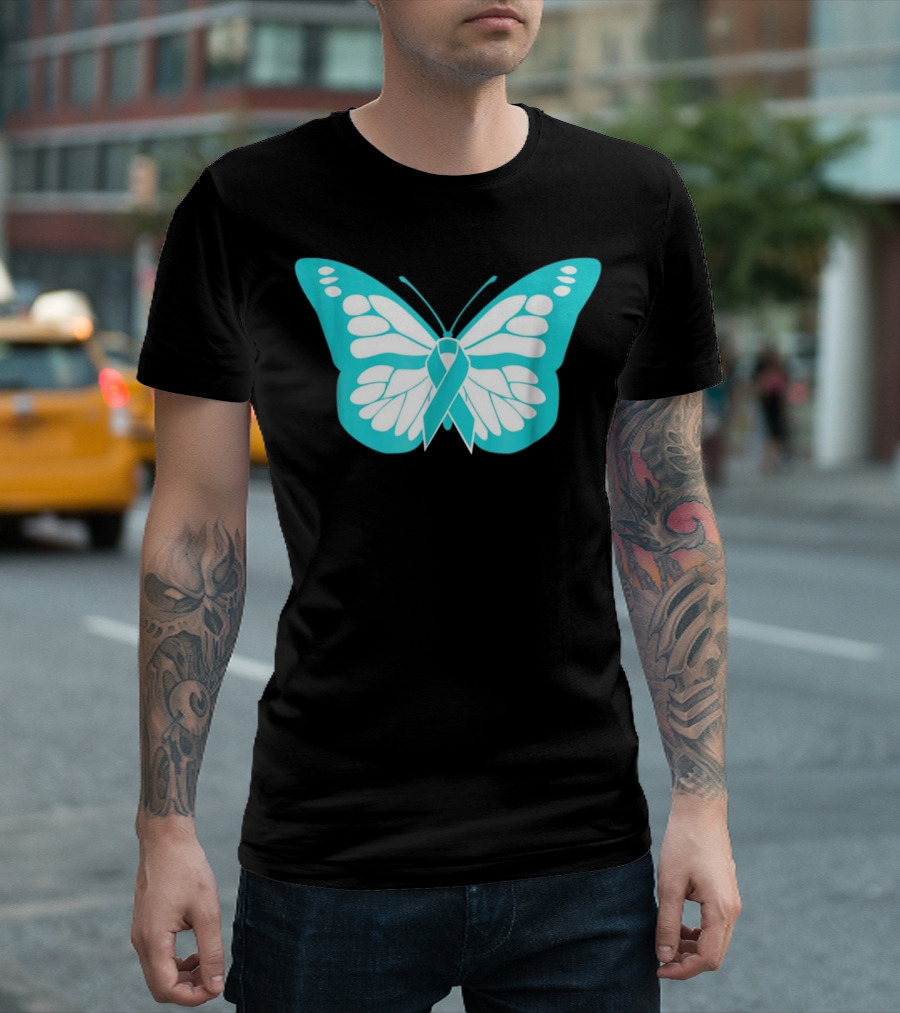 Ribbon Butterfly Teal Awareness Allergic Reaction Foo T-Shirt