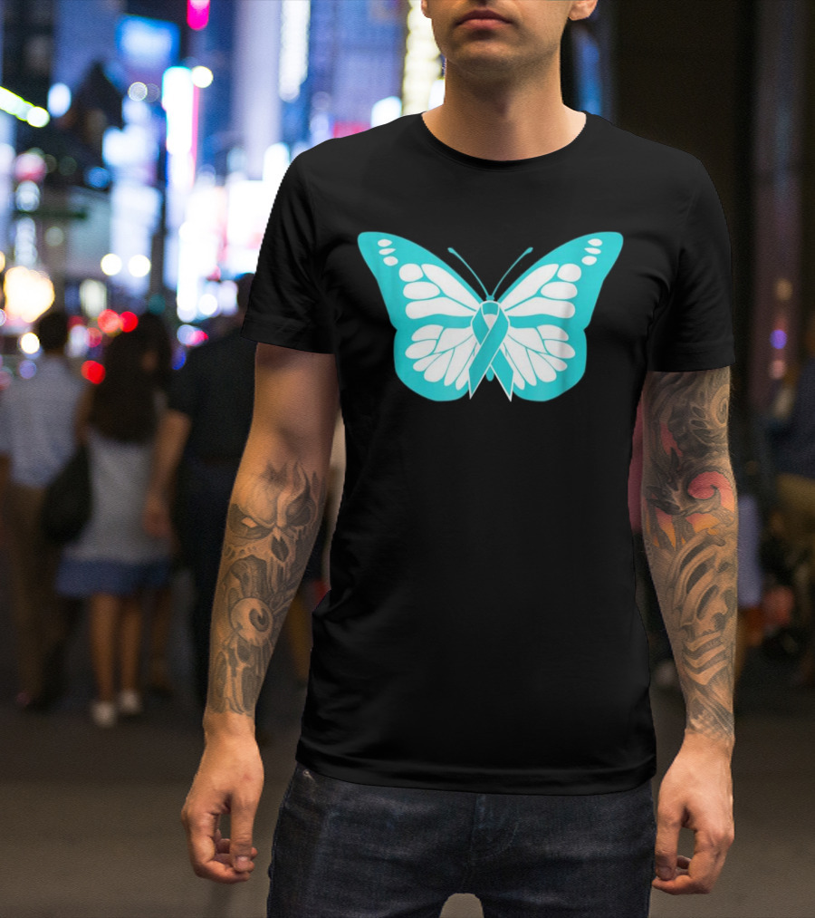 Ribbon Butterfly Teal Awareness Allergic Reaction Foo T-Shirt