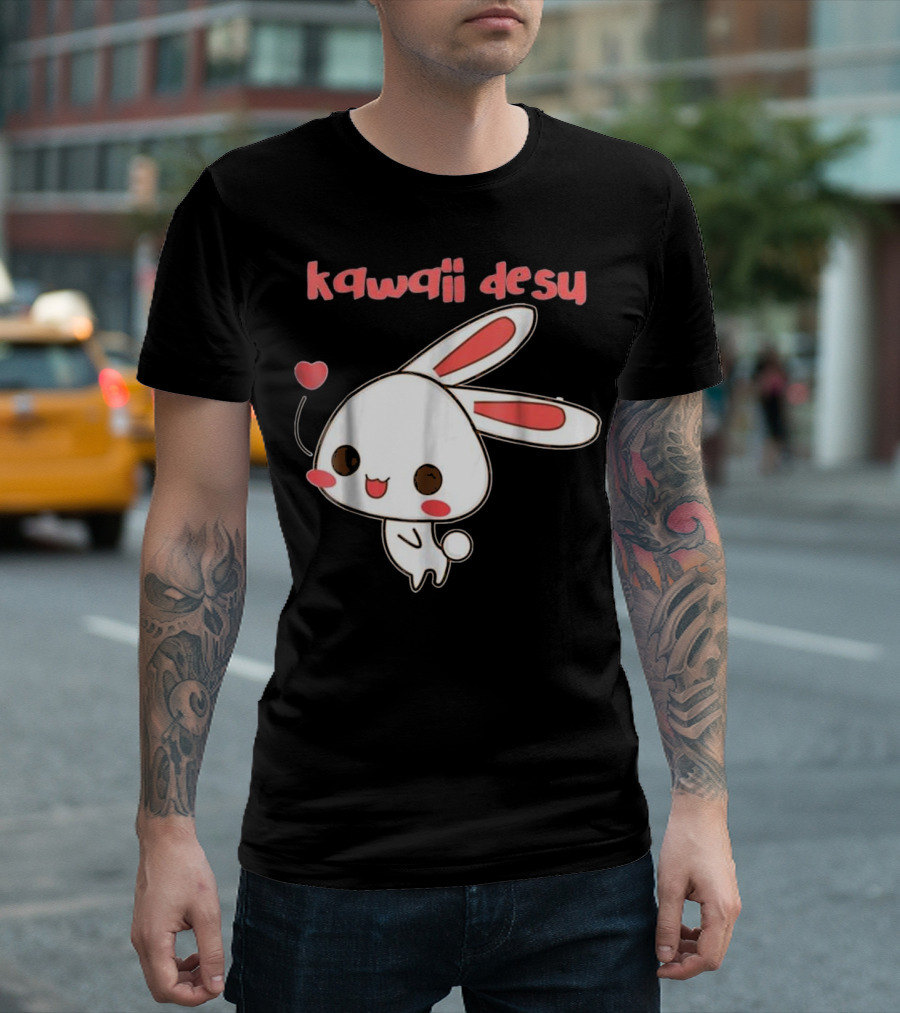 Kawaii Desu Cute Japanese Anime Rabbit with Heart Balloon T-Shirt