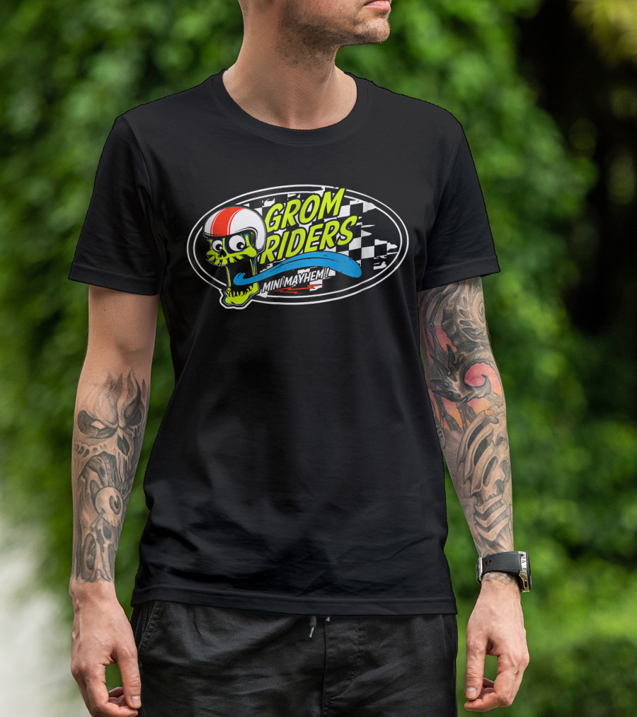 Grom Riders Mini Mayhem Helmet Skull Checkered Racing T-Shirt