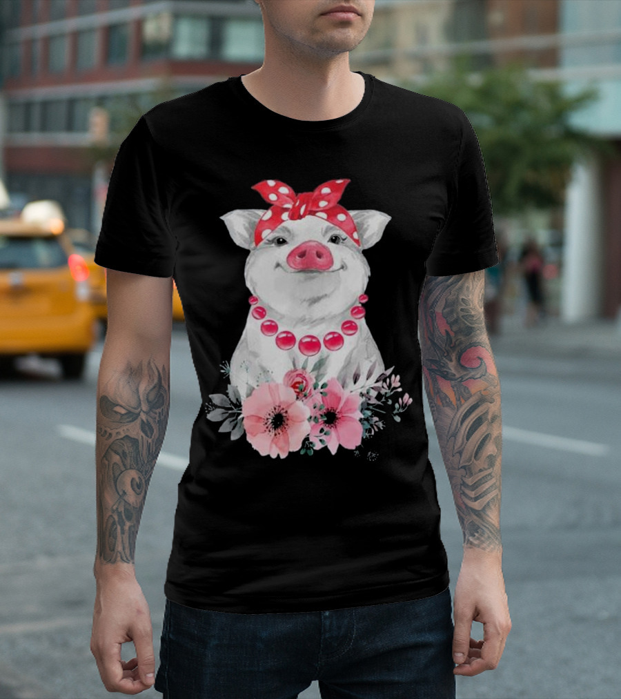 Pig Bandana Cute for Girl Polka Dot Red Bow Floral Necklace T-Shirt