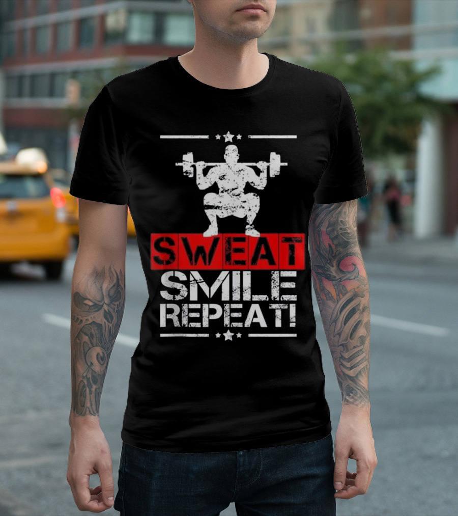 Sweat Smile Repeat Mens Bodybuilding Workout Motivation T-Shirt