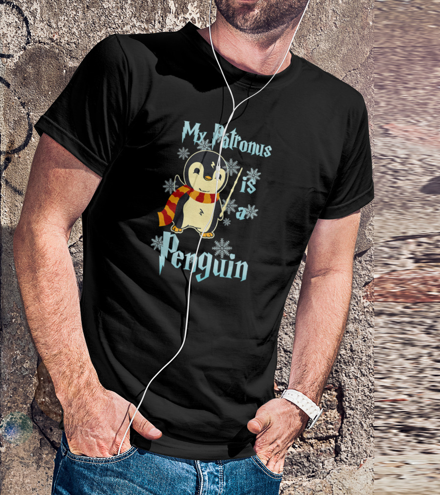 My Patronus Is A Penguin Magic Penguin With Wand And Scarf Snowflakes T-Shirt