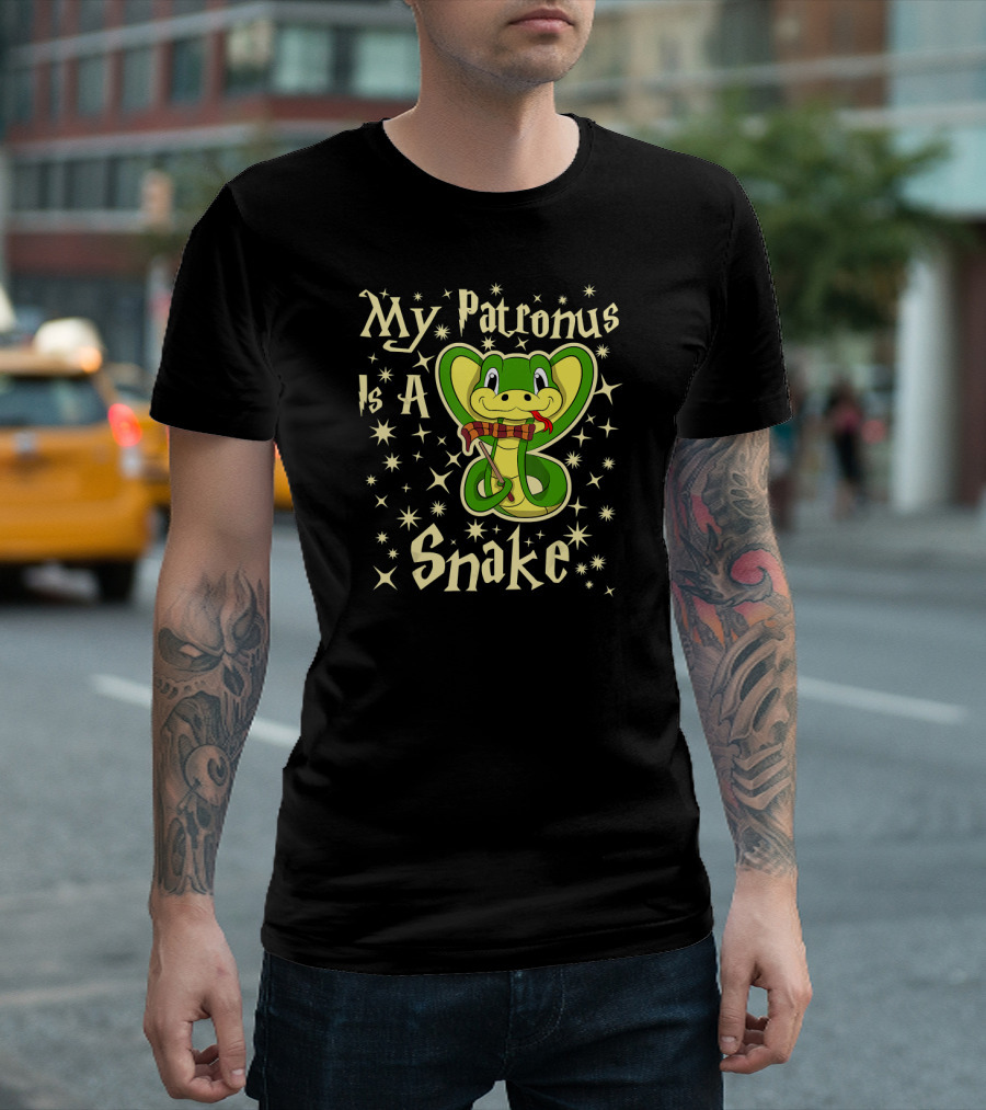 My Patronus Is A Snake Vibrant Cartoon Snake Surrounded by Magical Stars T-Shirt