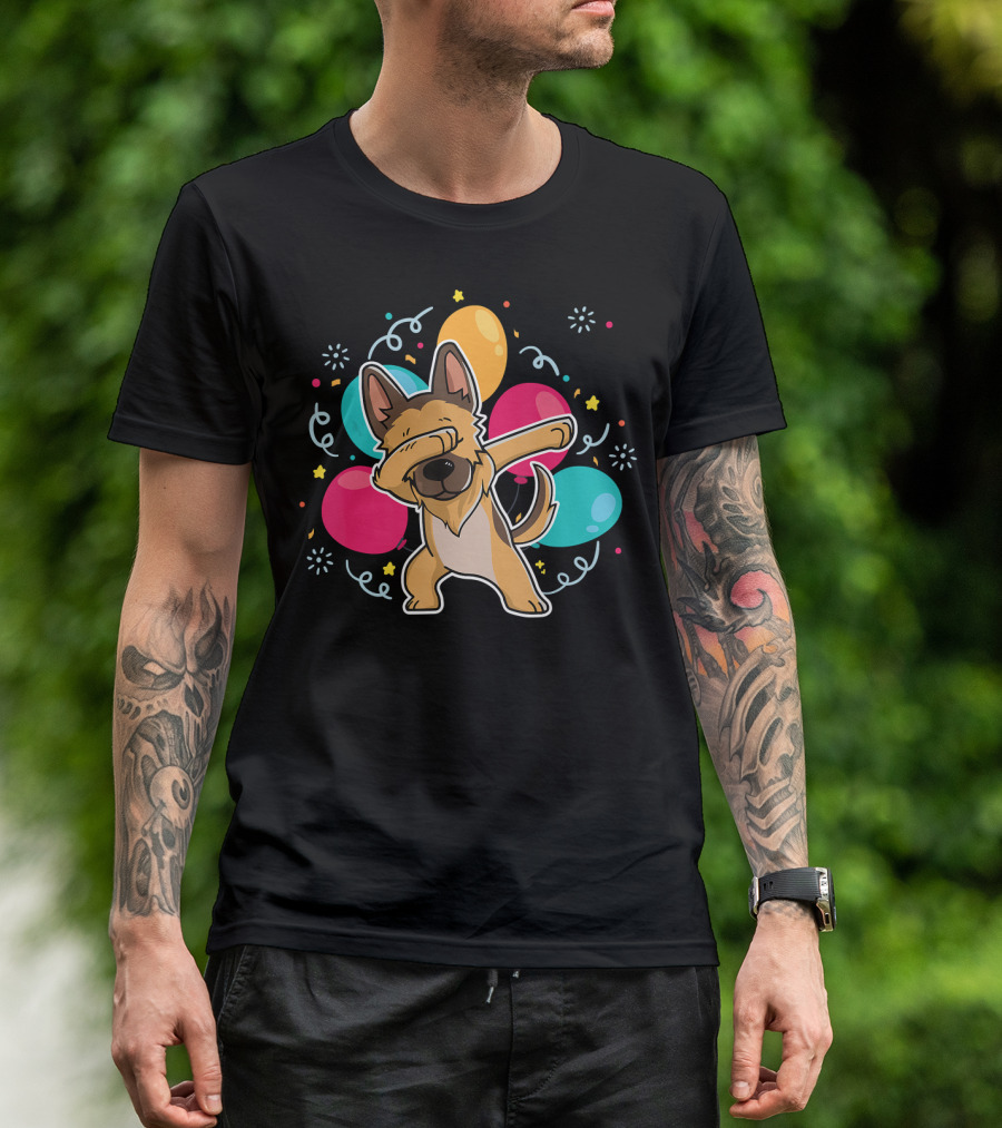 Funny German Shepherd Dog Dabbing With Colorful Balloons T-Shirt