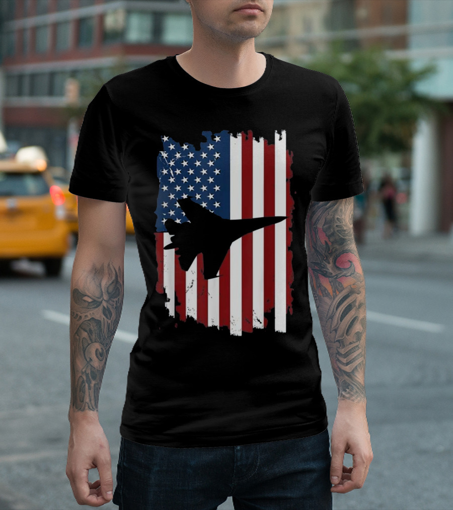 American Flag Fighter Jet Silhouette with Patriotic Air Force T-Shirt