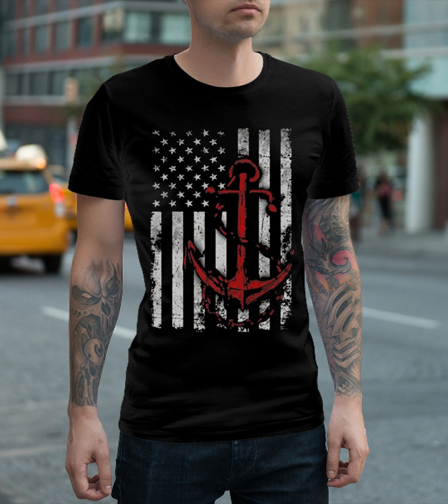 American Flag with Red Anchor Patriotic T-Shirt