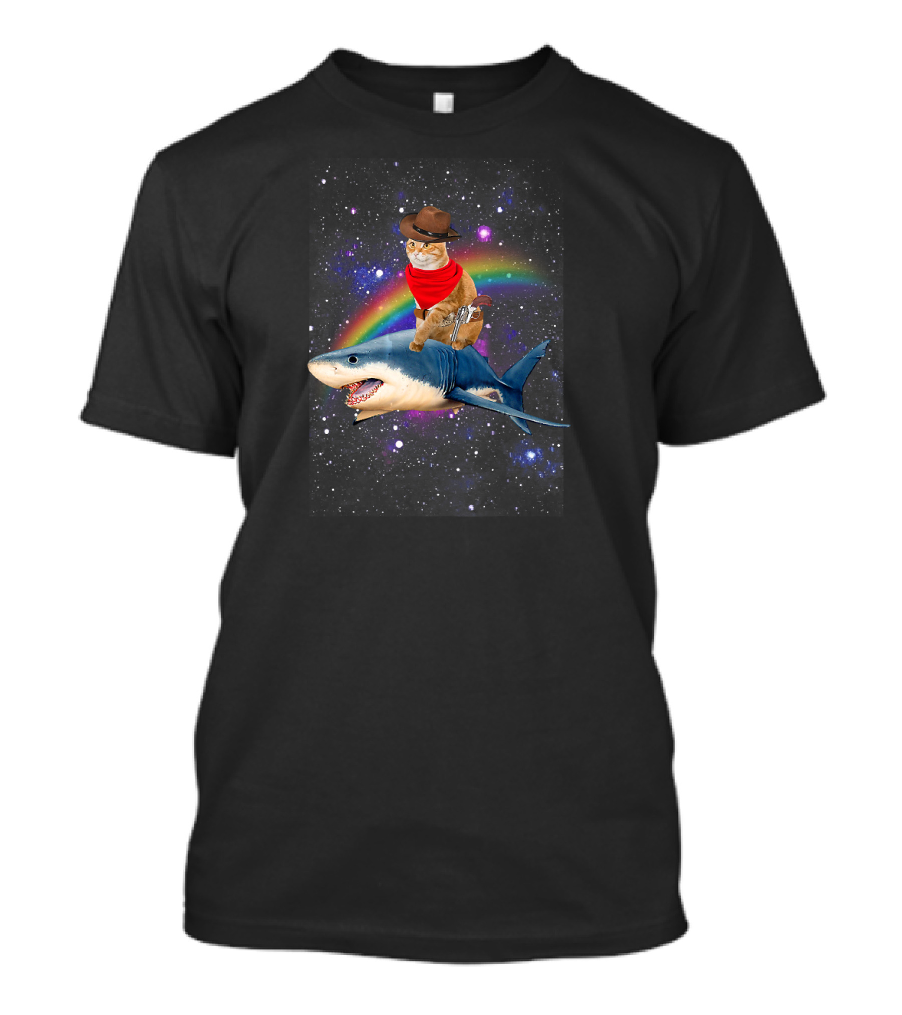 Cat Cowboy Riding Shark In Space With Rainbow T-Shirt