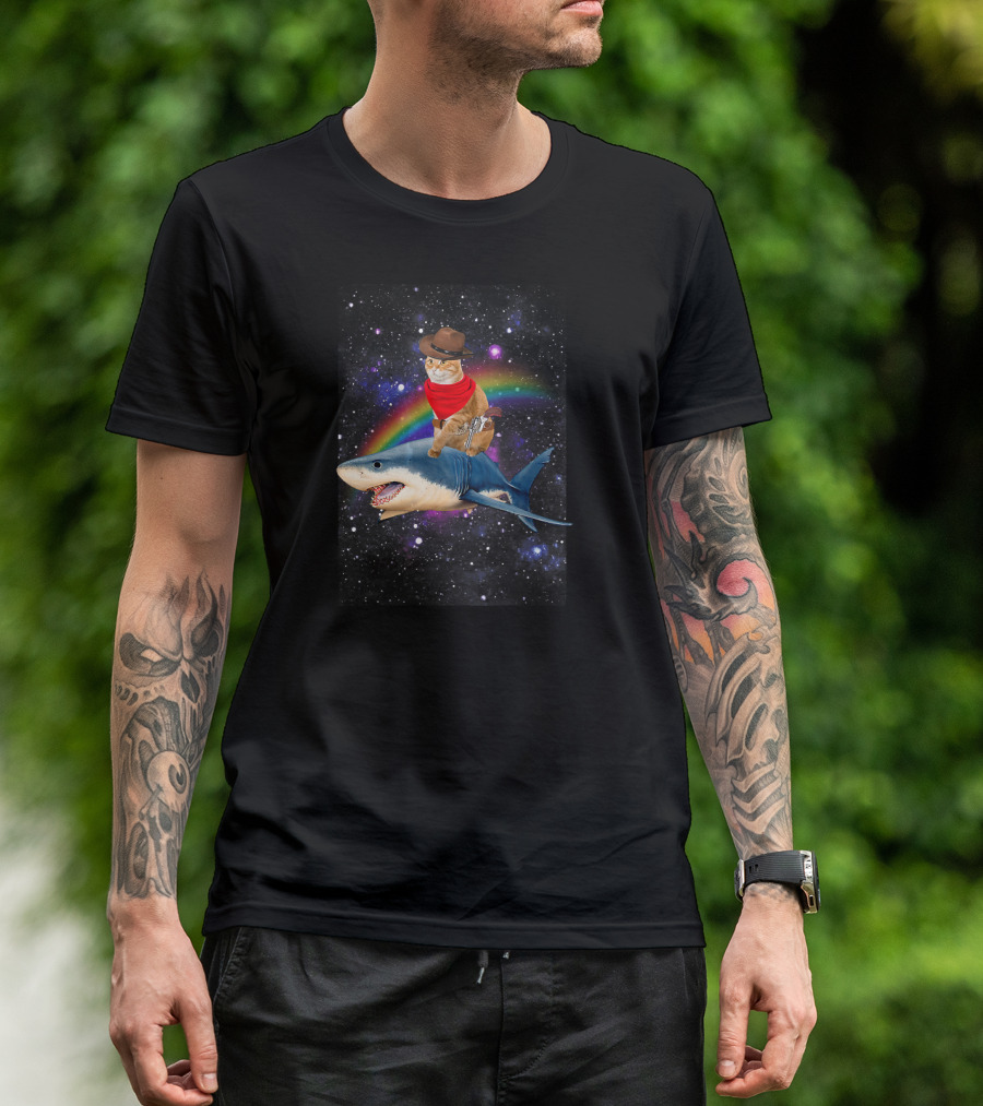 Cat Cowboy Riding Shark In Space With Rainbow T-Shirt