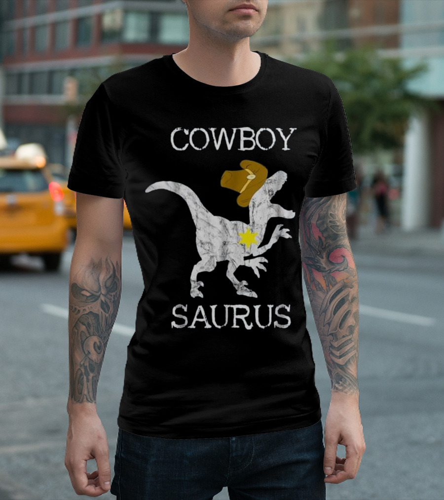 Cowboy Saurus Wild West Sheriff Rancher Tre Dinosaur Hat Badge T-Shirt