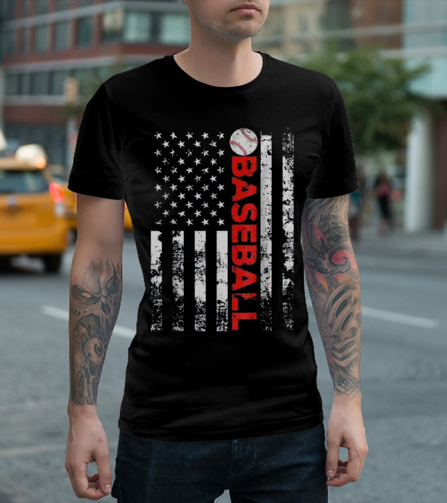 American Flag Baseball Vertical Stripes with Ball T-Shirt