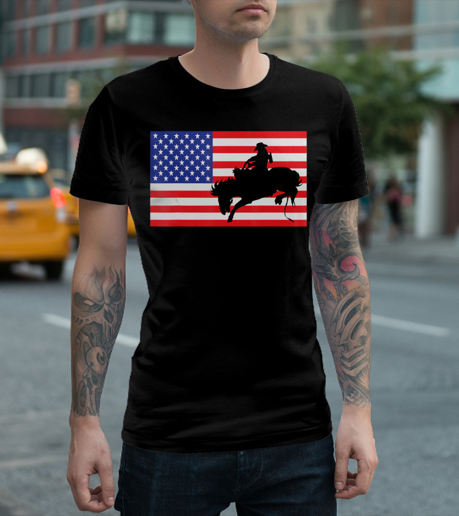 Rodeo Bull Rider Silhouette on American Flag USA Cowboy T-Shirt