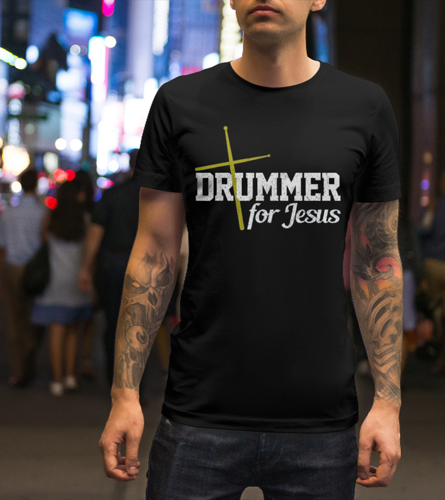 Mens Drummer For Jesus Cross Christian T-Shirt
