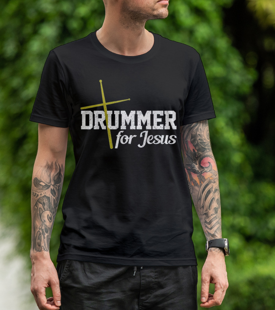 Mens Drummer For Jesus Cross Christian T-Shirt
